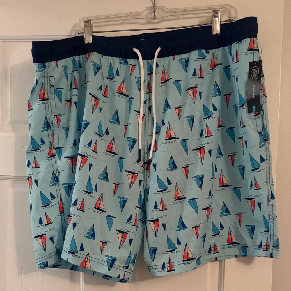 Men's Light Aqua Sailboat Print Swim Trunks with Navy Waistband